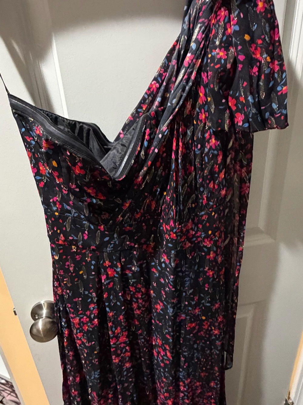 Shoshanna Black One-Shoulder Floral Maxi Dress with Pink and Blue Accents